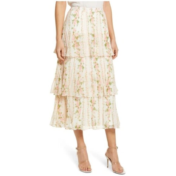 RACHEL PARCELL Pleated Tiered Chiffon Maxi Skirt in Ivory Size Medium - Picture 2 of 6